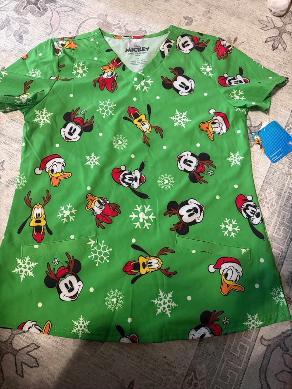 Disney Green Holiday Mickey & Friends Scrub Top